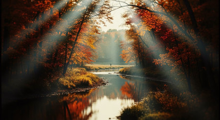 Beautiful autumn landscape with a river and sunbeams through the treesの素材