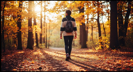 Young sporty woman jogging in autumn forest at sunset. Back view.の素材