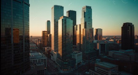 Panoramic view of the city of Frankfurt am Main at sunsetの素材