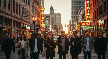 Group of young business people walking in a city at sunset, drinking coffee and talkingの素材