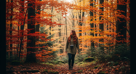 A young woman with a camera in her hand walks through the autumn forest.の素材