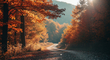 Autumn landscape with road and colorful forest. Colorful autumn treesの素材