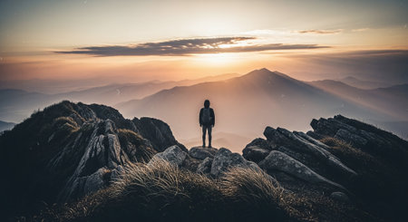 Silhouette of a man standing on top of a mountain and looking at the sunriseの素材