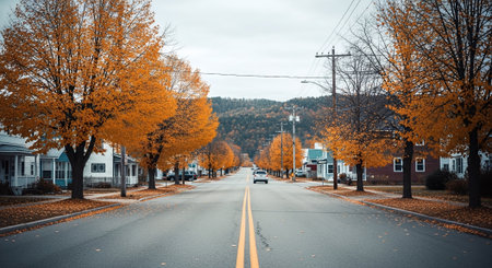 Scenic view of a road in the fall with colorful trees in the foregroundの素材