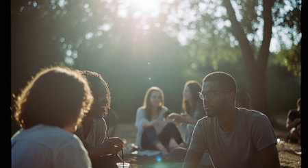 Group of young people sitting on the grass in a park at sunsetの素材