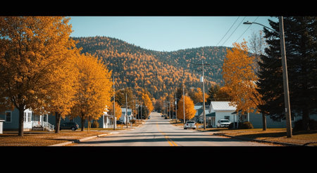Autumn road in the mountains with yellow trees and blue sky.の素材