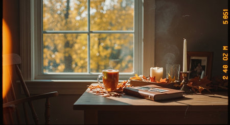 Cup of coffee and autumn leaves on a wooden table near the windowの素材