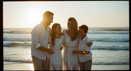 Multi-ethnic group of friends having fun on the beach at sunsetの素材