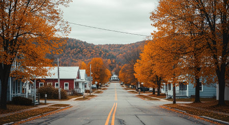 Panoramic view of a small town in Maine during fall season.の素材