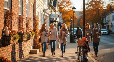 Group of friends walking down the street in autumn, talking and having fun.の素材