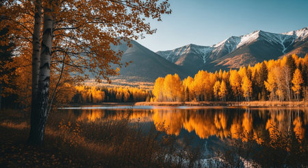 Autumn landscape with mountain lake and yellow birch forest, Russiaの素材