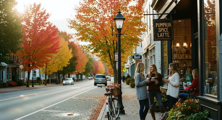Two young women walking on the street in autumn and drinking coffee.の素材