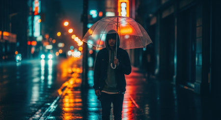 Young man with umbrella walking on the street at night. Rainy weather.の素材