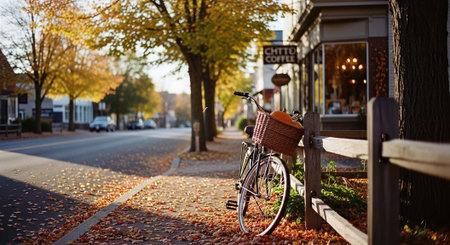 Bicycle with basket on the street of the old town in autumnの素材