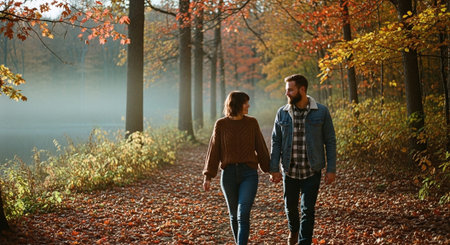Couple in love walking in the autumn forest. Couple in love walking in the autumn forest. Couple in love walking in the autumn forest.の素材