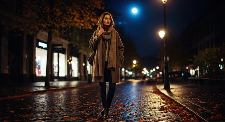 Beautiful young woman walking in the city at night, wearing a coat and scarf.の素材