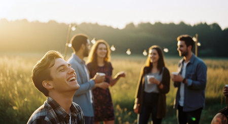 Group of friends having fun on a summer meadow at sunset.の素材