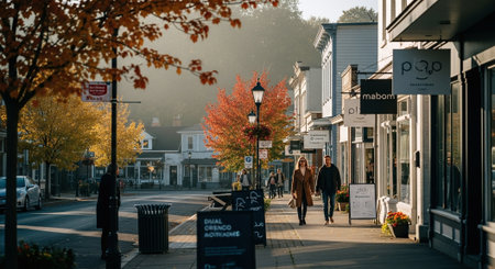 Cozy Small Town Street in Autumn with People Walking on a Sunny Morningの素材