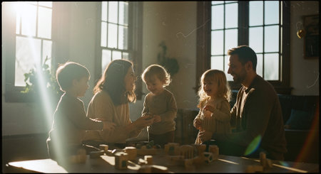 Happy family playing board game. Mother, father and children having fun together.の素材