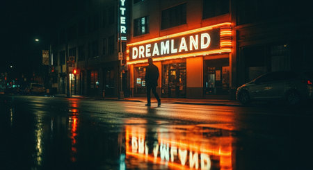 A man is walking on a wet street with a neon sign.の素材
