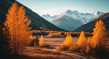 Autumn mountain landscape with yellow larches and snowcapped peaksの素材
