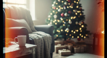 Cup of coffee on table in living room with christmas treeの素材
