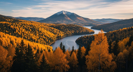 Panoramic view of autumn forest and lake in mountainsの素材