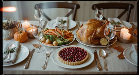 Thanksgiving dinner table setting with turkey, cranberries, pumpkin and vegetablesの素材