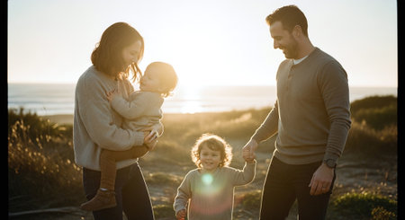 Happy family walking on beach at sunset. Father, mother and daughter spending time together.の素材