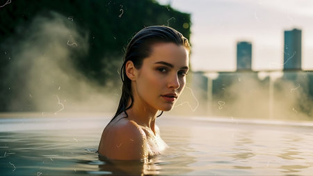 Beautiful young woman relaxing in the swimming pool at sunset time.の素材