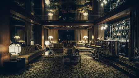 Interior of a hotel lobby with a sofa and a coffee shopの素材