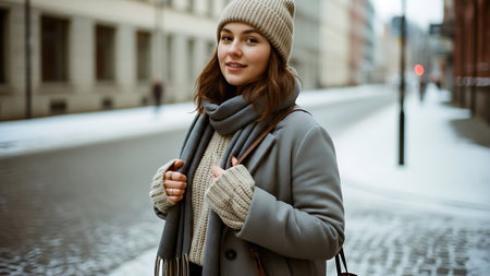 Beautiful girl in a gray coat and a knitted hat walks in the city.の素材
