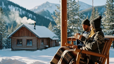 Young man sitting on a swing in the snowy mountains. Winter vacation concept.の素材