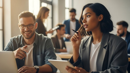 Group of young business people in smart casual wear working together in office.の素材
