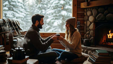 Couple in love sitting on the floor in front of the fireplace and drinking coffeeの素材