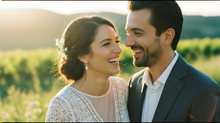 Beautiful bride and groom in the field at sunset. Wedding couple.の素材