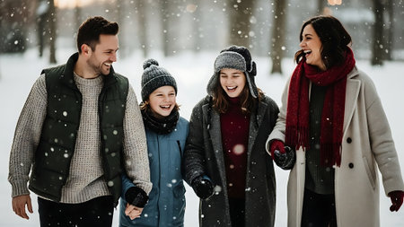 Group of happy friends having fun in winter park during snowfall.の素材