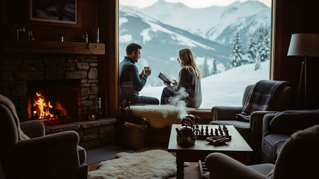 Couple in love, man and woman, sitting by the fireplace in the mountains, drinking coffeeの素材