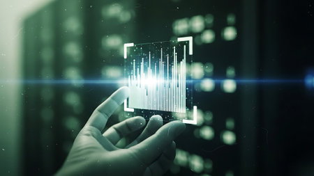Hand holding glowing business chart hologram over server room background 3D renderingの素材