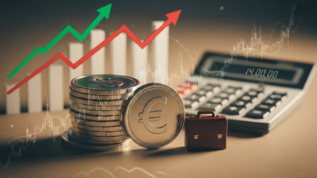 Stack of coins with stock market chart and calculator on table. Business and finance concept.の素材