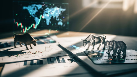 financial charts and graphs on the table with smartphone and bull figurinesの素材