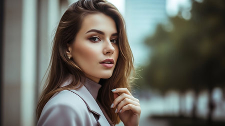 beautiful young woman in beige coat looking away on blurred backgroundの素材