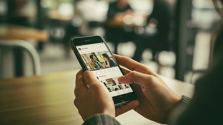 Woman using a smartphone in a cafe. Close-up of a female hands holding a mobile phone with a social network on the screen.の素材