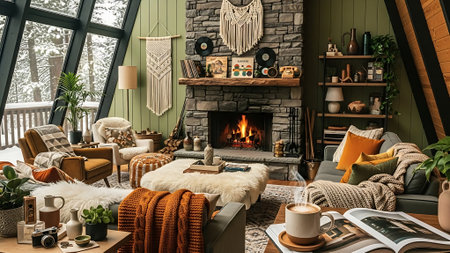 Interior of cozy living room with fireplace, armchair, coffee table, books, plaids and personal accessories. 3d renderの素材