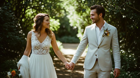 Beautiful bride and groom holding hands and walking in the park.の素材