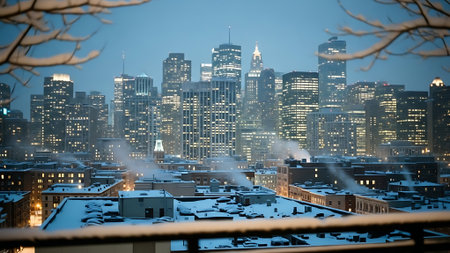 View of the New York City skyline at night from a rooftop.の素材