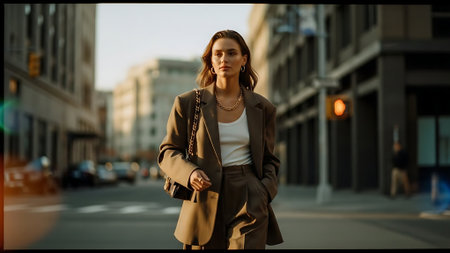 Beautiful young woman walking in the city. Girl in a beige trench coat.の素材