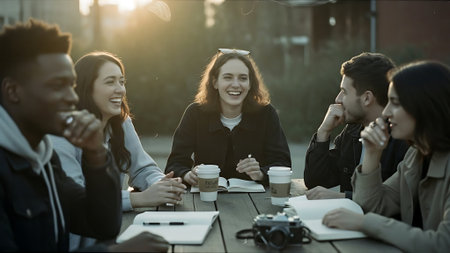 Group of happy young people sitting at a table in a cafe, talking and drinking coffeeの素材
