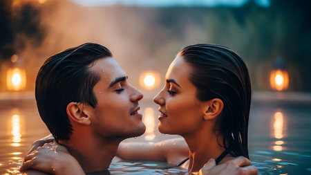 Beautiful young couple in love kissing in swimming pool at sunset.の素材