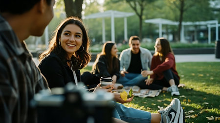 Group of friends sitting on grass in park and drinking coffee. They are looking at camera and smilingの素材
